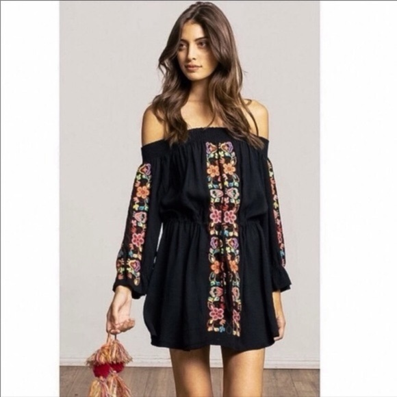 Misa Los Angeles Embroidered Off the Shoulder Summer Dress Black size XS - Picture 1 of 9